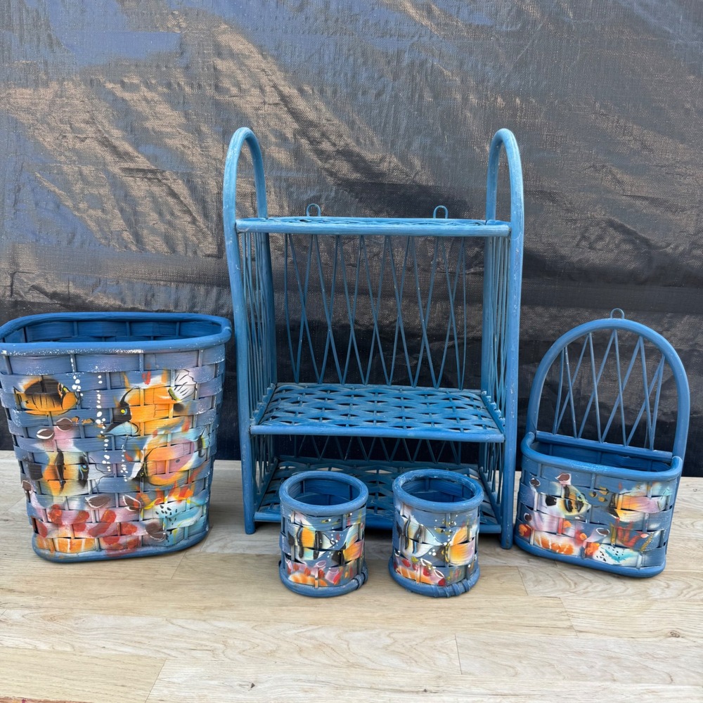 Vintage 5pc Rattan Wicker Bathroom Vanity Set Tropical Fish Made in Philippines